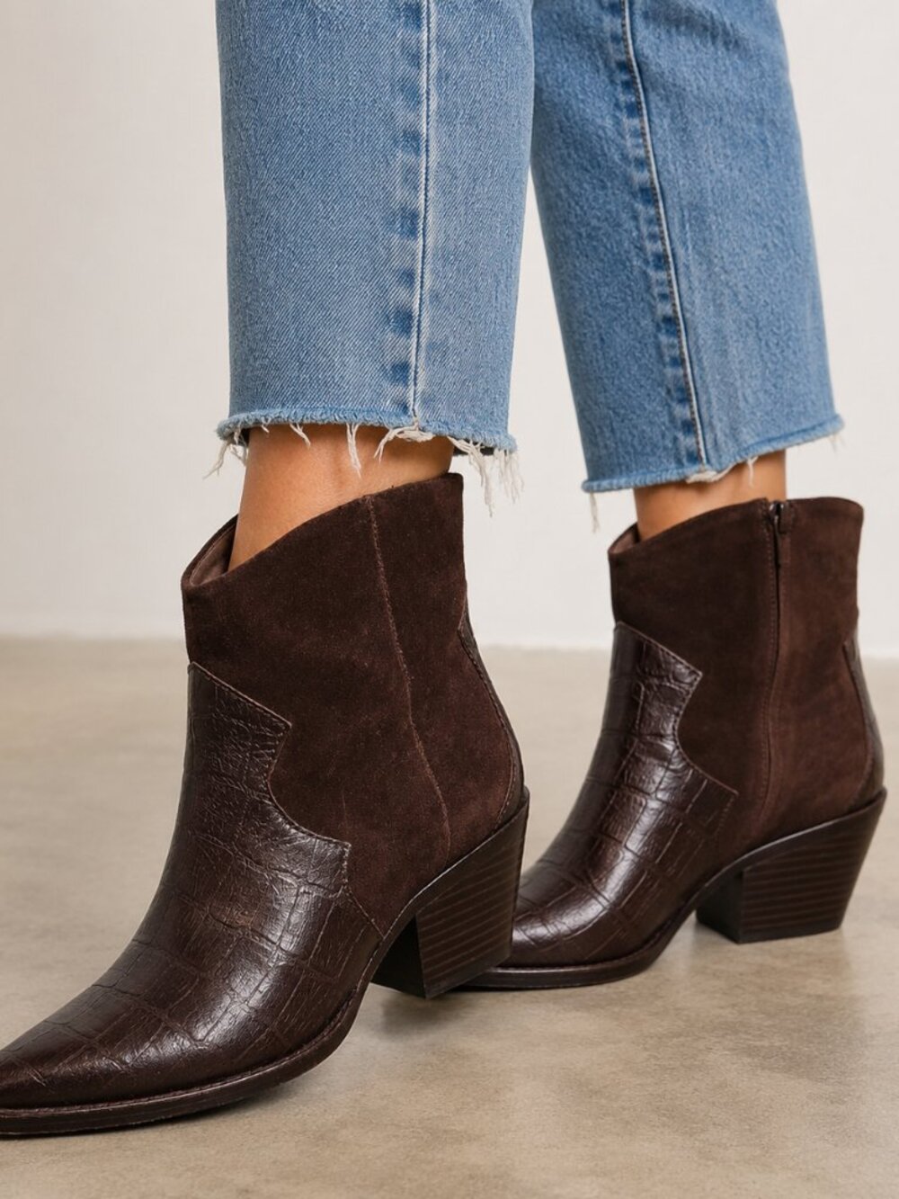 AD & Daughters Women's Dark Brown Croc-Embossed Leather & Suede Ankle Boot size7